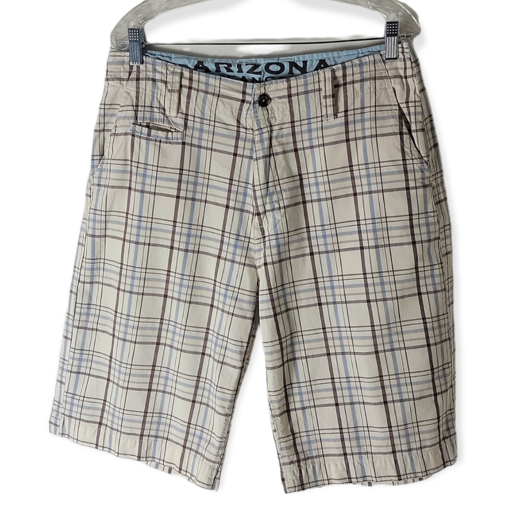 Arizona Jeans Co men’s plaid flat front shorts cream blue brown size 34 cotton